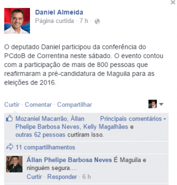 Post da página oficial do presidente estadual do PCdoB e deputado federal Daniel Almeida.